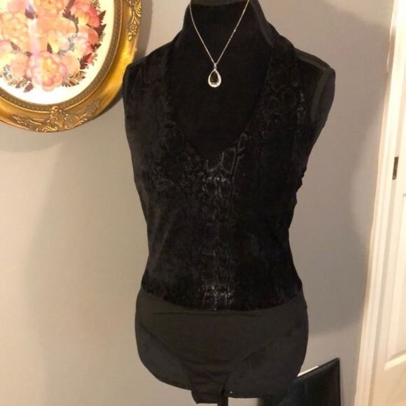 A’Gaci Halter Velvet Bodysuit, Black w/ Faux Snake Skin Print, Open Back, Size M - Picture 2 of 5